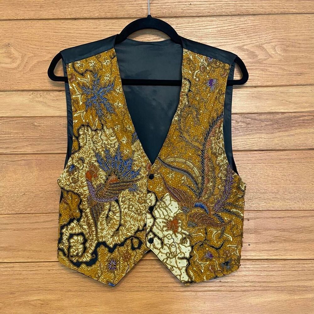 Vintage 90s Kenar beaded paisley pheasant print button front vest